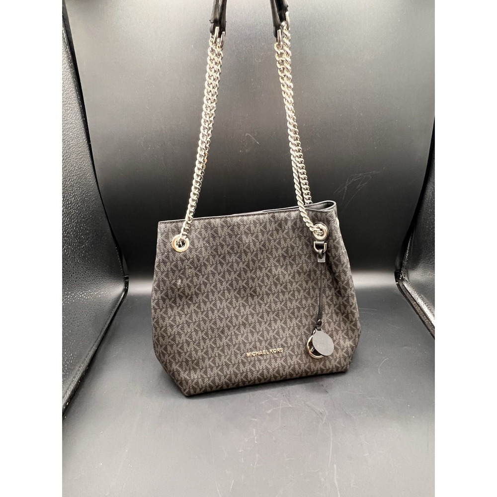 Michael Kors Jet Set Large Signature Chain Shoulder Tote Handbag Black Preowned - Picture 7 of 8